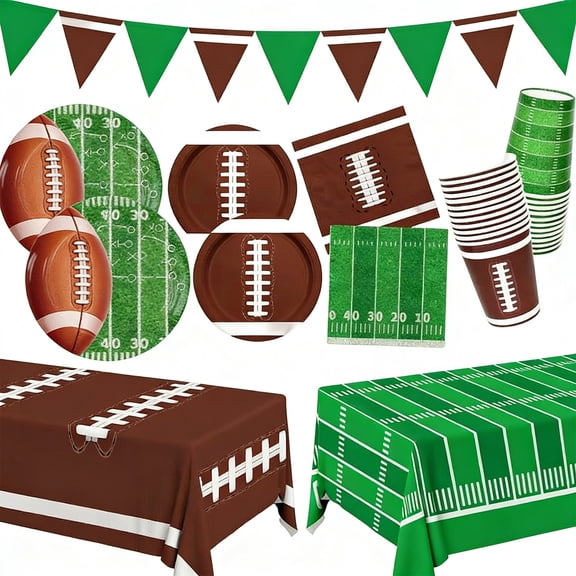 Basysin Football Party Decorations Kit for 24 Guests - 99Pcs Tableware with Dinner Plates, Dessert Plates, Cups, Napkins, Tablecloth & Banner, Supplies and Favors for Birthday, Tailgate, Game Day