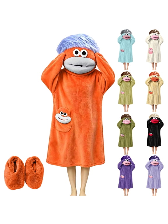 Funny Big Mouth Hooded Robe Set for Adults Soft Long Cartoon Loungewear Bathrobe with Matching Slippers Casual Home Sleepwear (With shoes )