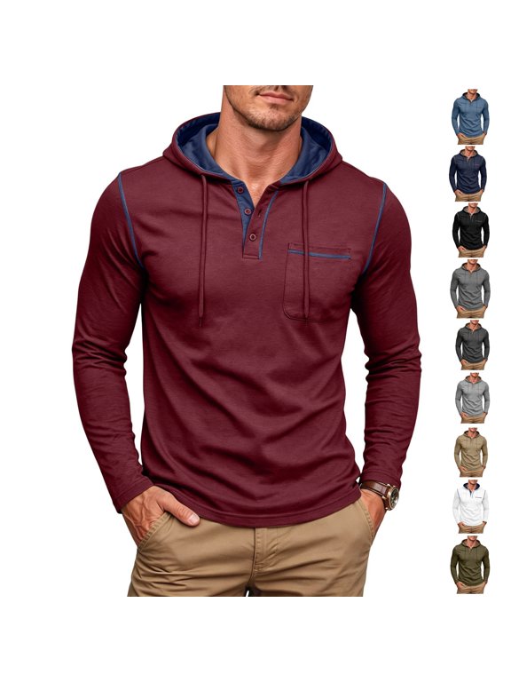 Men's Hooded Shirt Long Sleeve for Men's Loose Fit Henley Hoodie Drawstring Hooded Pullover Sweatshirts For Men, Sizes S-2XL