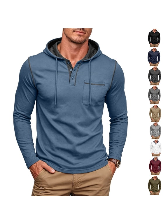 Men's Hooded Shirt Long Sleeve for Men's Loose Fit Henley Hoodie Drawstring Hooded Pullover Sweatshirts For Men, Sizes S-2XL