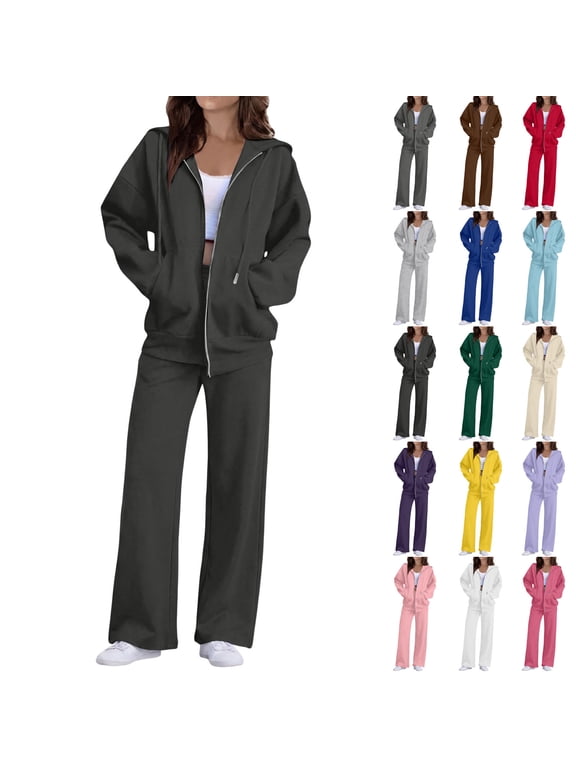 Sweatsuits Women 2 Piece Outfit Zip Up Hoodie and Sweatpants Set Fall Long Sleeve Tracksuit and Wide Leg Sweatpants