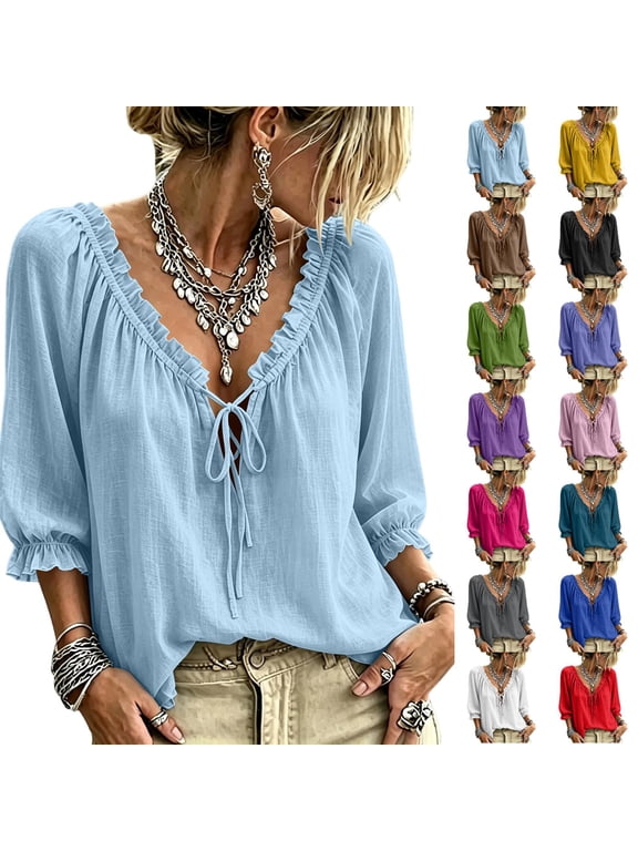Tops for Women Drawstring Neck Ruffle Sleeve Shirt Lightweight Boho Flowy Summer Vacation Blouse Shirts Loose Fit Lightweight Basic Pullover Tops
