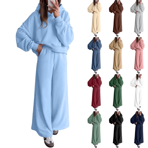Basysin Women 2 Piece Hoodies Sweatpants Sweatsuits Long Sleeve Oversized Hooded Sweatshirts Wide Leg Sweatpant With Pockets Fall Workout Sets Holiday Travel Outfits