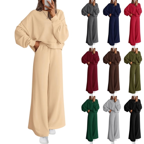 Basysin Women 2 Piece Outfits Fall Sweatsuit Lounge Set Long Sleeve Crewneck Sweatshirt Wide Leg Cotton Sweatpants Casual Tracksuit