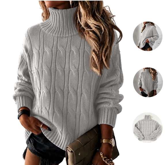 Basysin Women Cable Knit Turtleneck Sweater Long Sleeve Loose Fit Pullover Knitted Top Fashion Lightweight Loungewear for Home Office Weekend Daily Street Outing