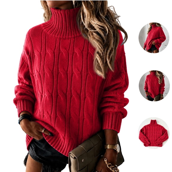 Basysin Women Cable Knit Turtleneck Sweater Long Sleeve Loose Fit Pullover Knitted Top Fashion Lightweight Loungewear for Home Office Weekend Daily Street Outing