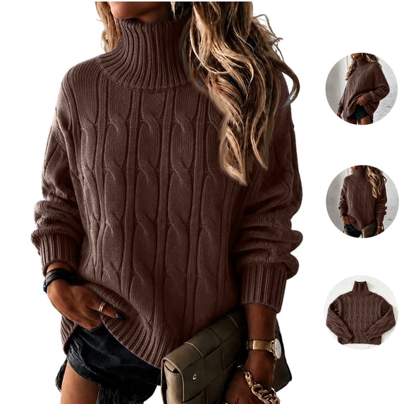 Basysin Women Cable Knit Turtleneck Sweater Long Sleeve Loose Fit Pullover Knitted Top Fashion Lightweight Loungewear for Home Office Weekend Daily Street Outing