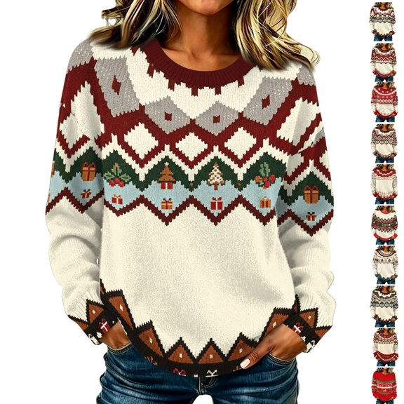 Basysin Women Sweaters Christmas Print Women's Long Sleeve Crew Neck Knit Sweater Retro Pullover Top Soft Relaxed Fit Casual Knitted Sweaters for Fall Winter