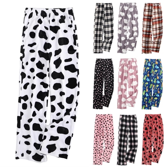 Basysin Women's Print Plush Pajama Pants Women Sleep Pants Drawstring Elastic Waist Long Loungewear Trousers