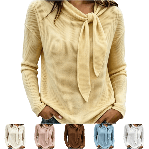 Basysin Womens Sweaters Women Long Sleeve Knit Blouse Solid Bow Tie Neck Design Lightweight Casual Pullover Sweater for Autumn Winter