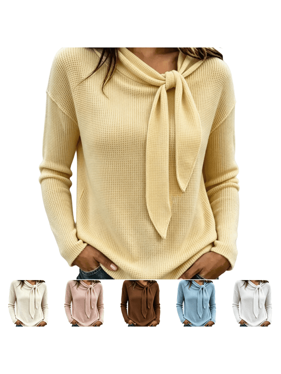 Womens Sweaters Women Long Sleeve Knit Blouse Solid Bow Tie Neck Design Lightweight Casual Pullover Sweater for Autumn Winter