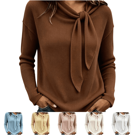Basysin Womens Sweaters Women Long Sleeve Knit Blouse Solid Bow Tie Neck Design Lightweight Casual Pullover Sweater for Autumn Winter