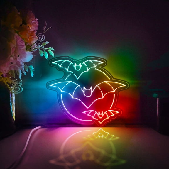 Bat And Full Moon Led Light Box, Dimmable Neon-Like Light Signs USB Power for Wall Decor Bedroom Decoration, Color Flow Effect (WxH) 16"x13"