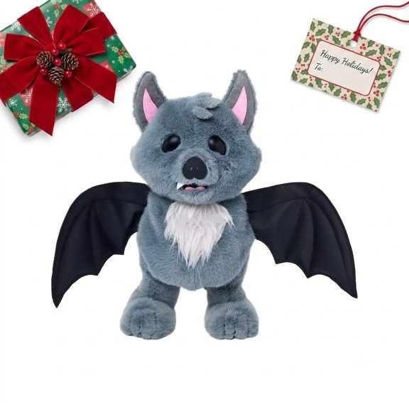 Bat Animated Side Stepper Plush Figure, Flapping Wings & Spooky Audio Halloween Decor, Grey Faux Fur Dancing Bat Toy, Battery Operated Interactive Holiday Party Centerpiece (1 Pc)