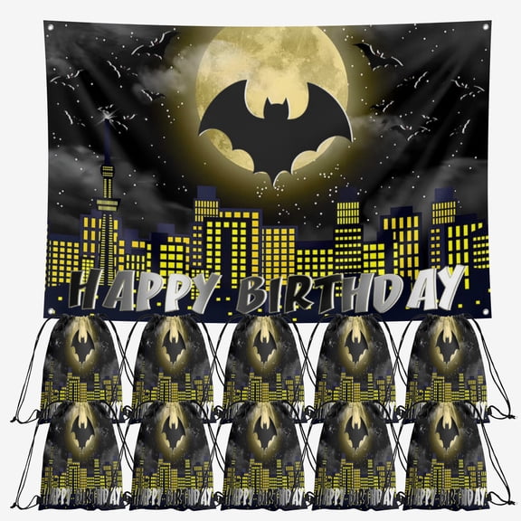 Bat Birthday Party Supplies,10 Pieces Bat Candy Drawstring Bag Include Backdrop 6x4FT, Drawstring Goodie Favor Bags for Birthday Party Decorations(10.6 x 13.3 Inch)