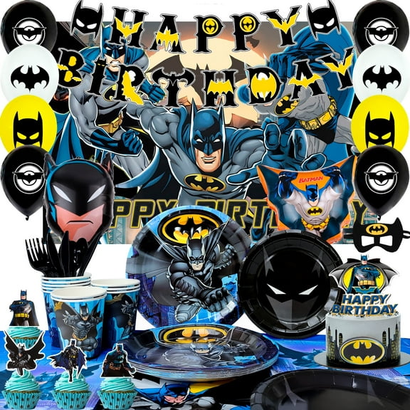 Bat Birthday Party Supplies, 115pcs Batman Birthday Decorations & Tableware Set Including Bat Plates and Cups Tablecloth Banner Backdrop Balloons Mask etc Bat Theme Birthday Decorations Supplies