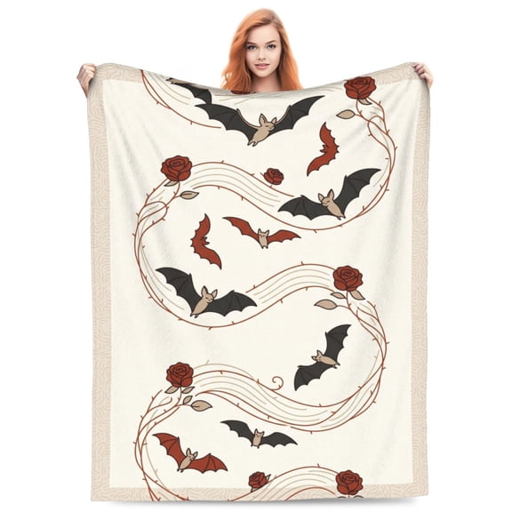 Bat Blanket, Flannel Plush Gothic Floral Roses Pattern Throw for Couch Sofa Bed, Halloween Goth Home Decor Gifts 50x40