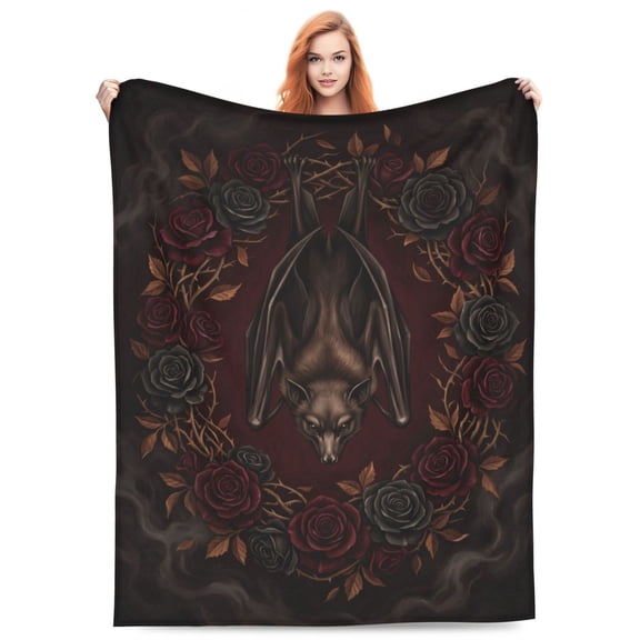 Bat Blanket, Flannel Plush Gothic Rose Pattern Throw for Couch Bed, Halloween Goth Bedding Decor Gifts for Bat Lovers 50x40