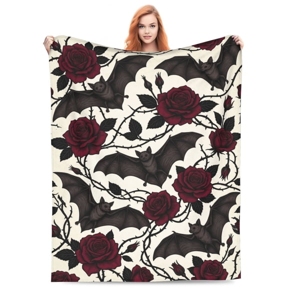 Bat Blanket, Flannel Plush Gothic Rose Pattern Throw for Couch Bed, Halloween Goth Bedding Decor Gifts for Bat Lovers 50x40