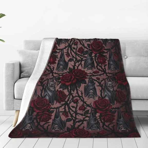 Bat Blanket, Gothic Floral Roses Flannel Plush for Sofa Bed Decor, Halloween Gifts, Bat Goth Themed Room Cover 50x40