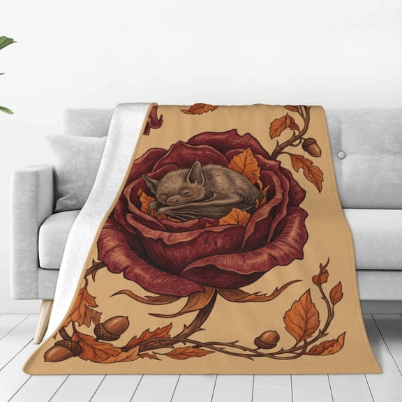 Bat Blanket Gothic Rose Pattern Flannel Plush Couch Bed Halloween Goth Bedding Decor Gifts Bat Lovers 50x40