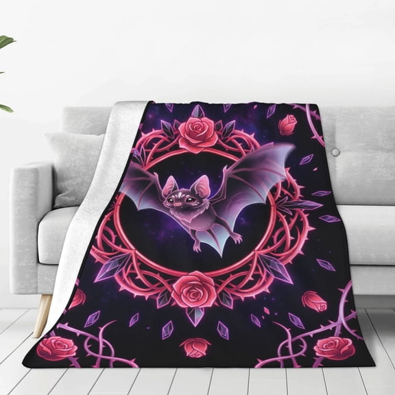 Bat Blanket Gothic Rose Pattern Flannel Plush Couch Bed Halloween Goth Bedding Decor Gifts Bat Lovers 50x40