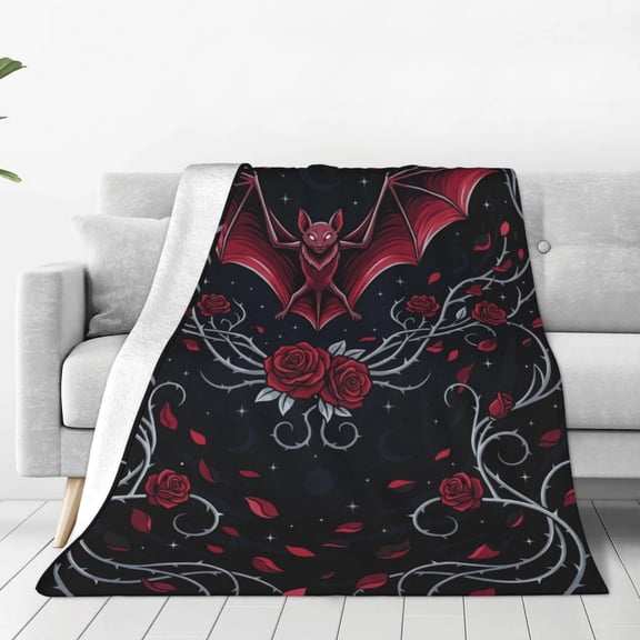 Bat Blanket Gothic Rose Pattern Flannel Plush Couch Bed Halloween Goth Bedding Decor Gifts Bat Lovers 50x40