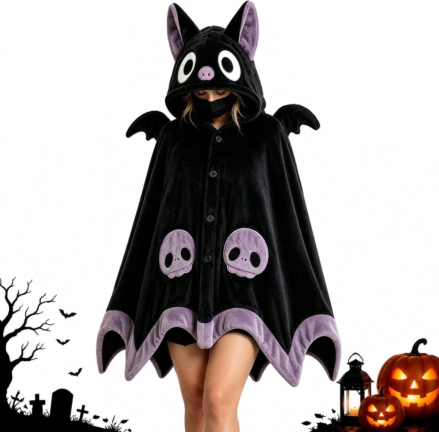 Bat Blanket Hoodie, Halloween Wearable Blanket with Hood | Soft Cozy Oversized Halloween Snuggie for Adults and Teens, for Cosplay, Parties, Lounging and Gifts