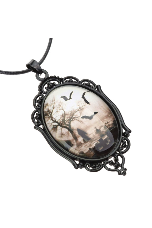 Bat Cemetery Glass Pendant Necklace Halloween Neck Chain Gothic Choker Clavicle Chain Statement Jewelry for Women Men