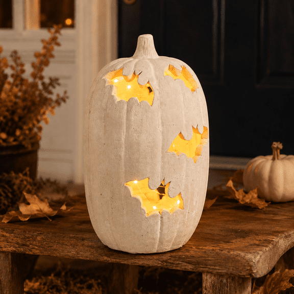 Bat Cutout Pumpkin Halloween Decor, Lighted or Non-Lighted Pumpkin Ornament with 4 Style Options for Tabletop, Mantel, Entryway and Covered Porch Display