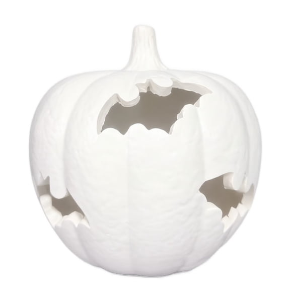Bat Cutout Resin Pumpkin Jack O' Lantern, Halloween Fall Lantern Ornament with Warm Glow, Farmhouse Table Decor for Porch Mantel, Black White Available