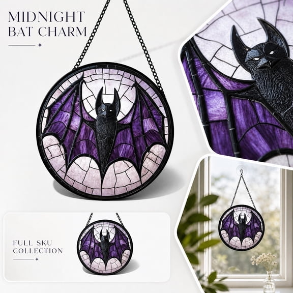 Bat Decorations for Halloween, Stained Glass Suncatcher Design Spooky Hanging Ornament, for Indoor Home Window Wall Display, Gothic Halloween Home Decor Gift, Acrylic, 7 Inch