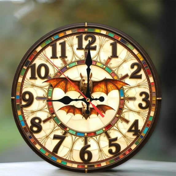 Bat Design Wall Clock with Vintage Style 10-Inch Silent Wooden Wall Clock, Battery Operated (AA Batteries Not Included), Artistic Home Decor
