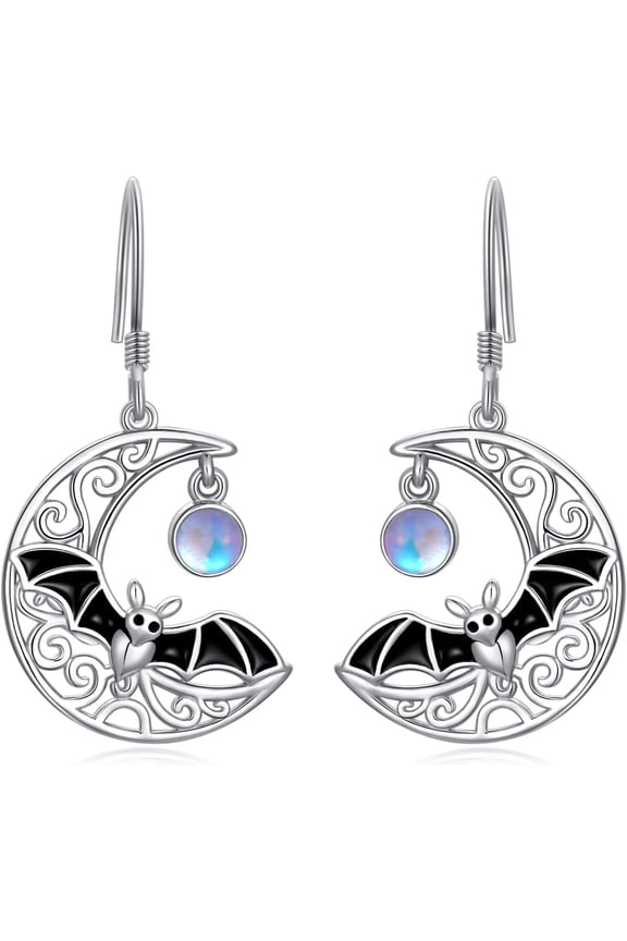 Bat Earrings Crescent Moon Moonstone Dangle Drop Charm 925 Sterling Silver Animal Dangling Earrings Halloween Vampire Gothic Jewelry Gifts for Women