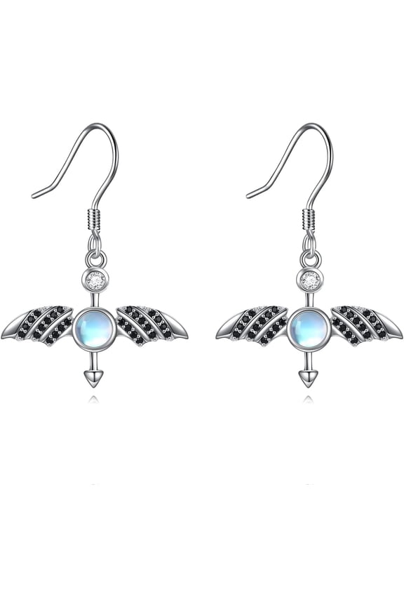 Bat Earrings S925 Sterling Silver Moonstone Bat Dangle Earrings Vampire Bat Halloween Earrings Jewelry for Women