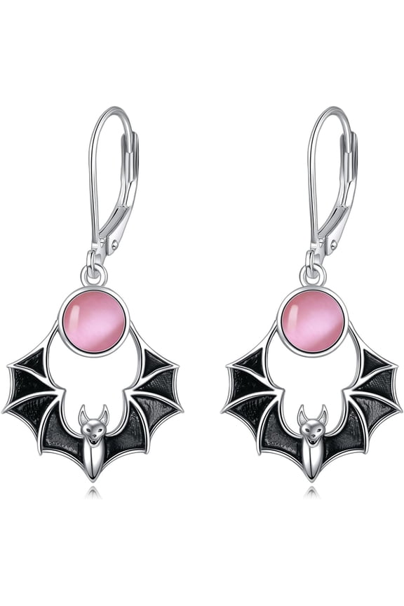 Bat Earrings Sterling Silver Pink Opal Bat Dangle Drop Earrings Goth Halloween Jewelry Gifts for Women Friend
