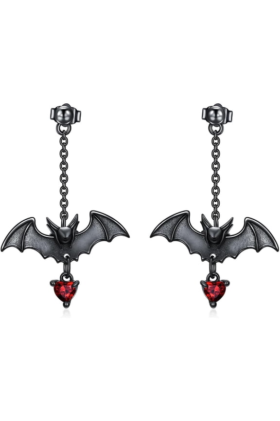 Bat Earrings for Woemen Sterling Silver Vampire Earrings Halloween Bat Stud Earring with chains and Red Birthstone Bat Jewelry for Women Gothic Lovers Birthday Halloween Christmas Gifts (with Gift Bo