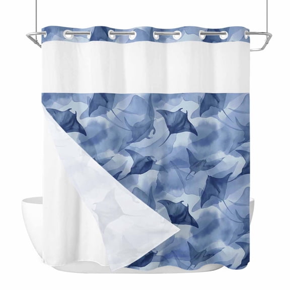 Bat Fish No Hook Shower Curtain with Snap in Liner Abstract Watercolor Gradient Blue Ocean Fishes Waterproof Bathroom Shower Curtain with See Through Top Window for Bathtub 72" x 72"