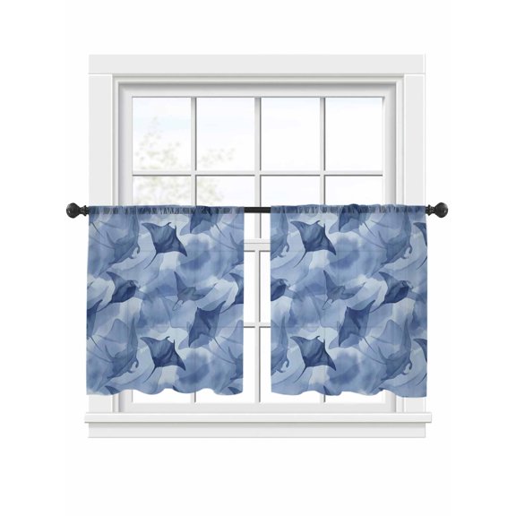 Bat Fish Sheer Curtains 45 Inch Long 2 Panels, Abstract Watercolor Gradient Blue Ocean Fishes Light Filtering Rod Pocket Curtains, Sheer Voile Drapes for Living Room Bedroom, 52"x45"