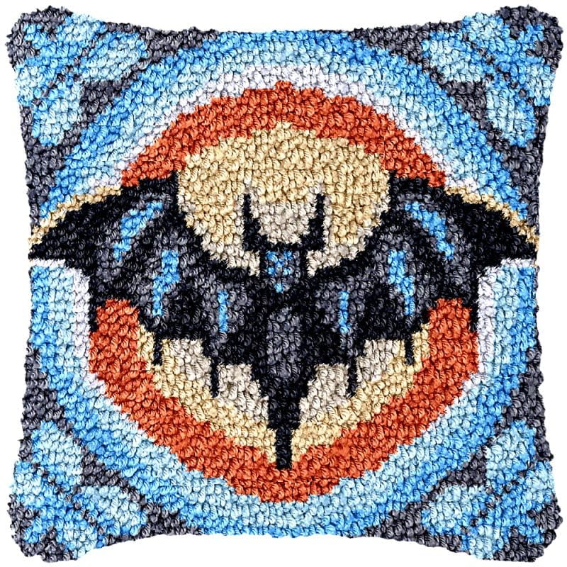 Bat Flying Latch Hook Pillow Cover Kits for DIY Handmade Throw Pillow Cross Stitch Latch Hook Pillowcase Rug Kits with Preprinted Color Pattern Canvas Crochet Yarn Kits 17''X 17''(ch40)