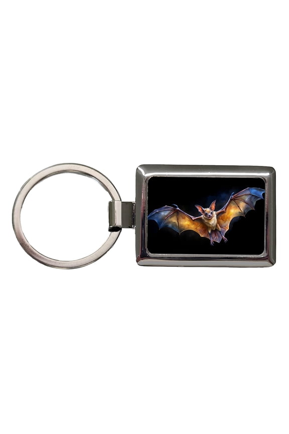 Bat Flying Watercolor Black Background Metal Rectangle Keychain
