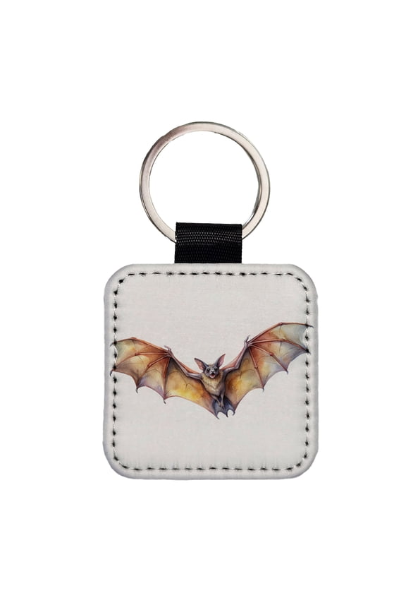 Bat Flying Watercolor Faux Leather Square Keychain