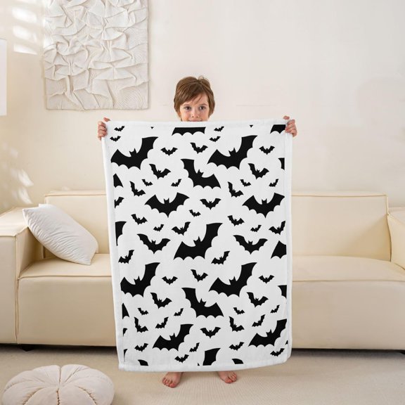 Bat Fuzzy Throw Soft Fluffy Fleece Blankets Black and White Microfuber Plush Blankets 30" x 40"