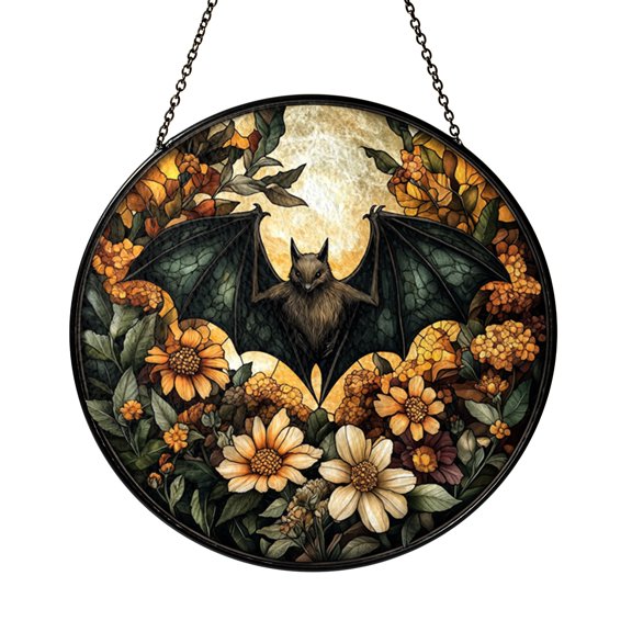 Bat Garden Themed Stained Glass Style Suncatcher for Window Decor, Fantasy Botanical Art, Decorative Hanging