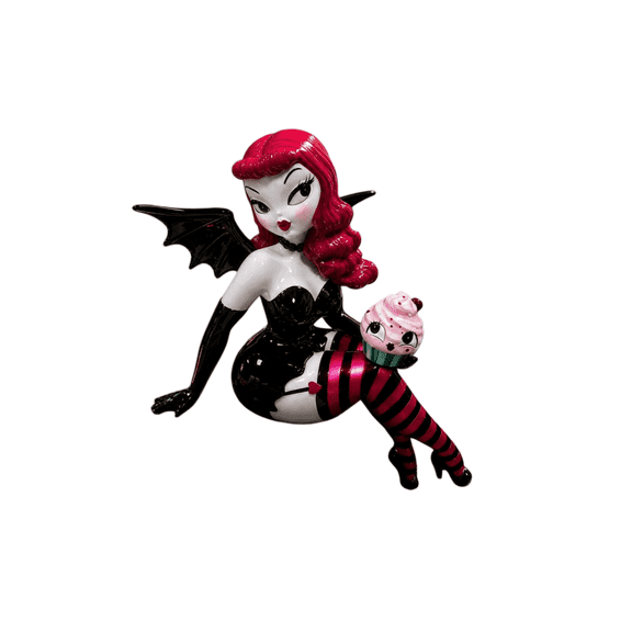 Bat Girl Shelf Sitter Statue, Gothic Red Hair Devil Lady with Cupcake Statue, Vintage Halloween Tabletop Ornament for Shelf, Mantel and Tiered Tray Decor, Gift for Witchcraft Collectors