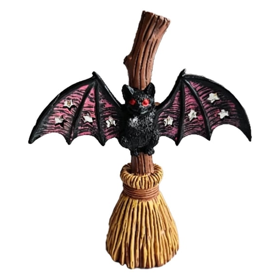 Bat Halloween Figurines Decoration, Bat with Witchs Broom Statue, Vintage Halloween Table Centerpiece, for Home, Indoor Tabletop Desk Mantel Tiered Tray Kitchen Decor