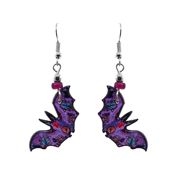 Bat Halloween Themed Graphic Dangle Earrings - Womens Fashion Handmade Jewelry Holiday Accessories
