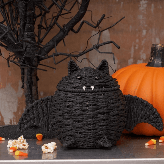 Bat Handwoven Halloween Trick or Treat Candy Basket Container, Cute Spooky Scary Premium Kitchen Table Tabletop Counter Candy Holder, Halloween Decoration Black