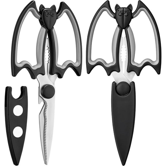 Bat Kitchen Scissors All Purpose 2 Pack - Halloween Goth Cute Kitchen Shears - Heavy Duty Stainless Steel Cooking Shears for Cutting Meat, Food, Poultry - Featuring a Magnetic Protective Sheath