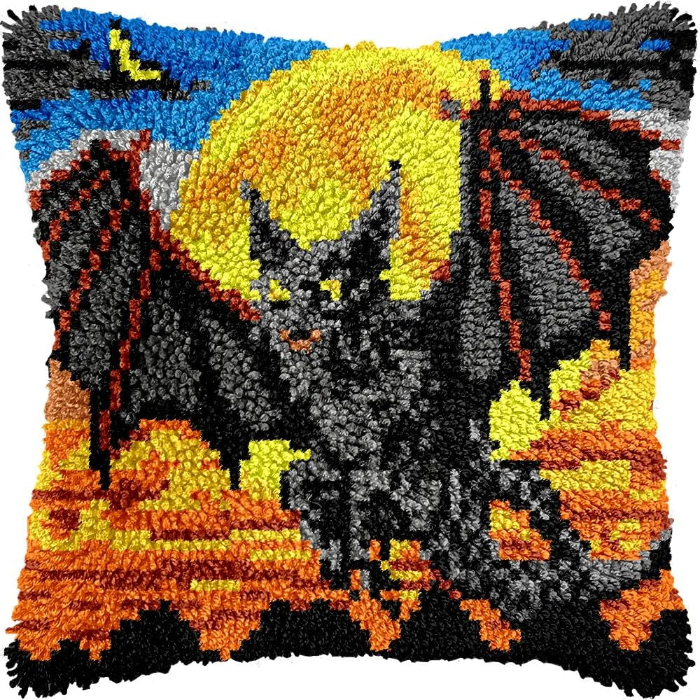 Bat Latch Hook Pillow Kits for DIY Throw Pillow Cushion Embroidery Latch Hooking Pillowcase Kits with Preprinted Canvas Crochet Yarn Kits for Home Decor 17''X 17''(j44)